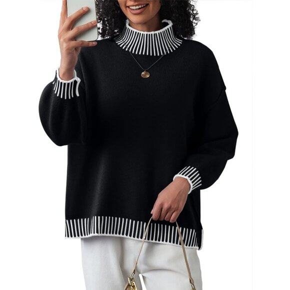 ✨Women's Black Fall Fashion Sweater Long Sleeve Striped Pullover Sweater Tops - Picture 2 of 7